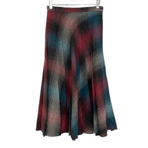 Vintage 70s Maroon Teal Plaid Wool Blend Pleated Midi Skirt Academia Schoolgirl